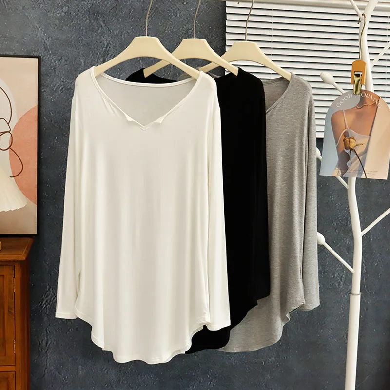 Simple Design Small V-Neck round Hem Mid-Length Modal T-Shirt Loose Long Sleeve Women's Base Shirt Cover Butt Casual Top