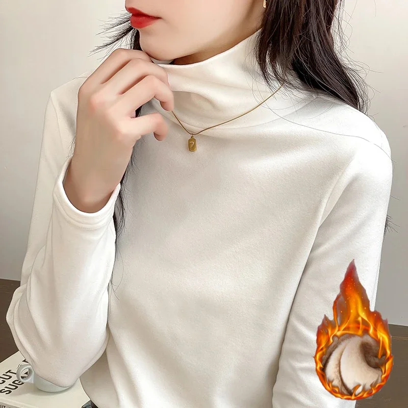 2026 Verdicktes Fleece-gefüttertes Rollkragen-T-Shirt mit doppelseitigem Samt, warme Basisschicht im koreanischen Stil für Herbst und Winter, einfache Unterzieh-Oberteile ﻿