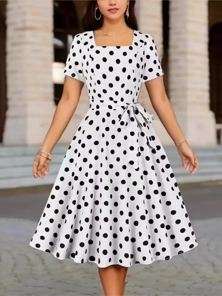 

Woman Summer Elegant Midi Dress Fashion Polka Dot Print Short Sleeves High Waist Dresses Ladies Beautiful Square Collar Vestidos