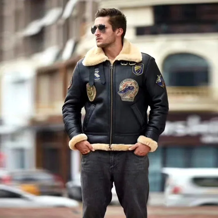 DBB3 European US Size High Quality Super Warm Genuine Sheep Leather Coat Mens Big B3 Shearling Bomber Military Fur Jacket