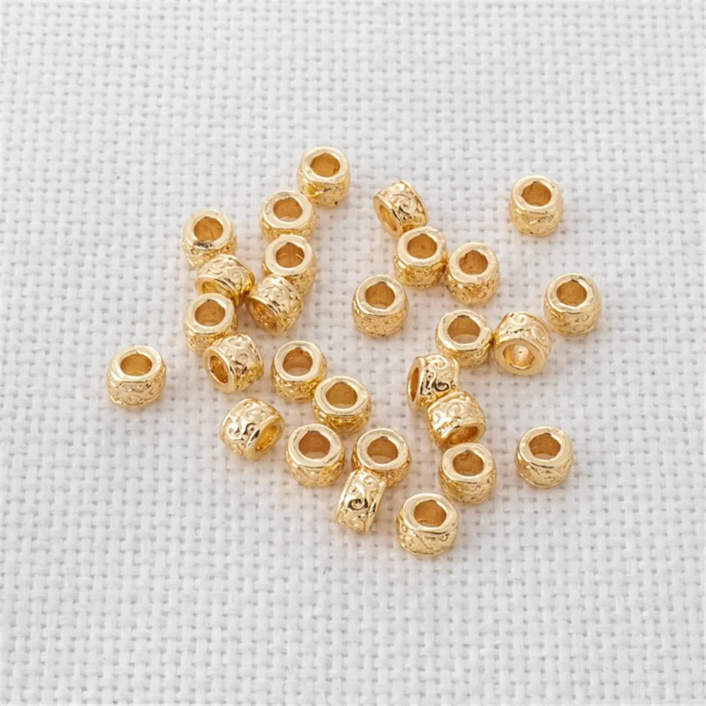 50pcs 14K Gold-covered Large-Hole Retro-Textured Barrel Beads, Drum Beads, DIY Jewelry Accessories, Bracelet, Necklace, 4x5.5mm