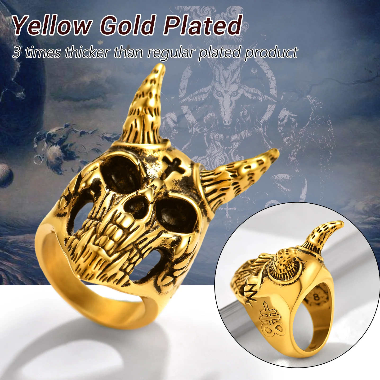 PROSTEEL Satanic Goat Skull Head Rings for Men Hip pop Punk Jewelry Cross Demon Symbol Stainless Steel 14K Gold Plated Ring