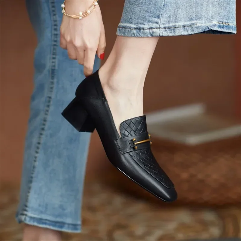 

Women Shoes Fashion Genuine Leather Loafers Slip-On Women's Flat Shoes Square Toe Thick Heel Handmade Size 34-40