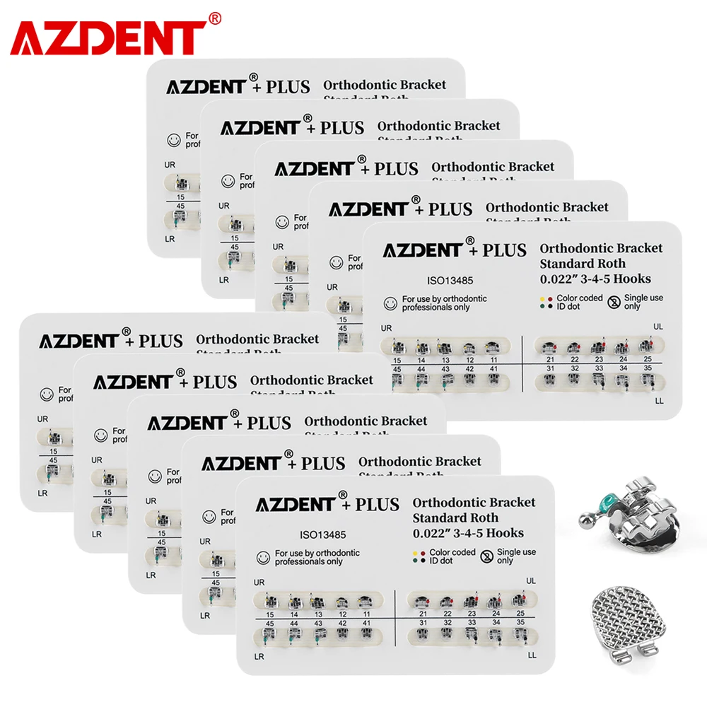 AZDENT 50 Packs=1000Pcs Dental Orthodontic Brackets PLUS Metal Mesh Base Dental Braces Mini/Standard Roth/MBT 022/018 with Hooks