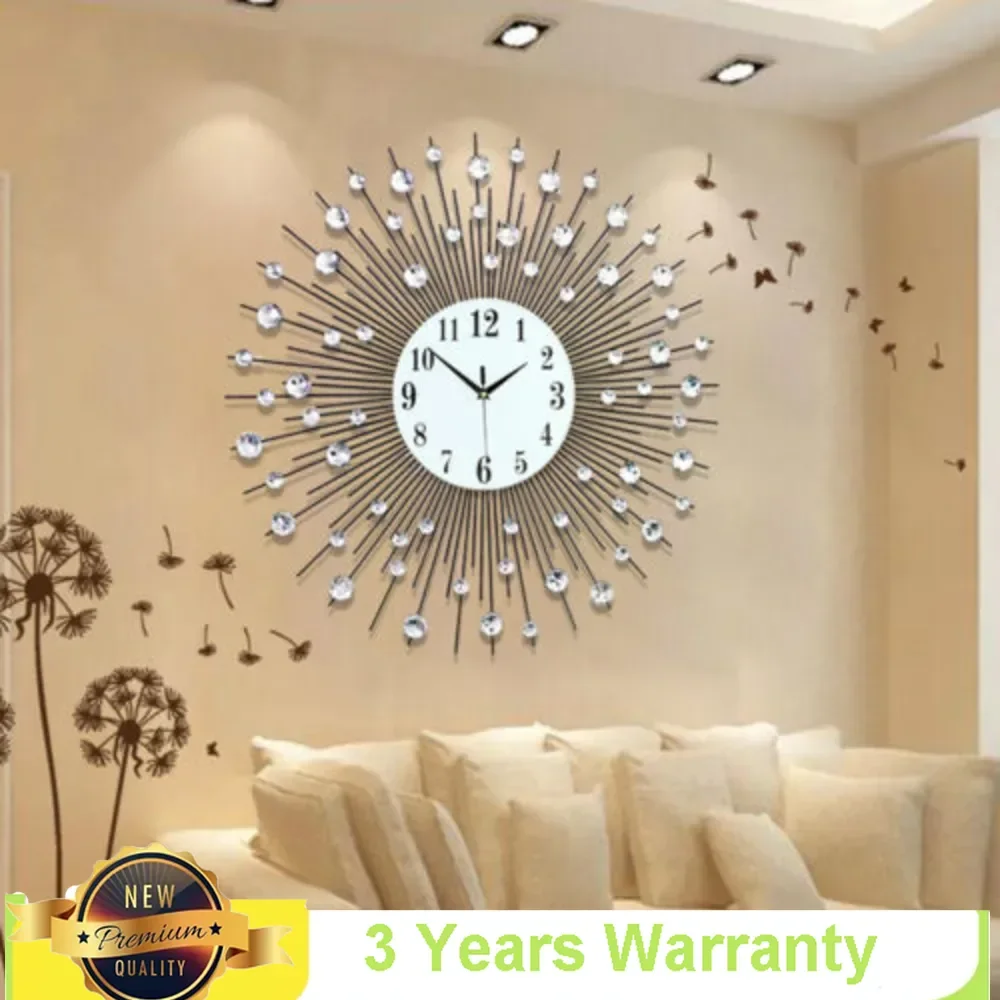 3D Large Metal Sunburst Wall Clock Luxury Battery Operated Home Decor Modern Round Diamond Large Luxury Art Wall Watch 60x60cm