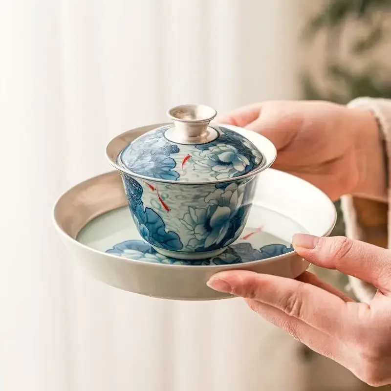 Liu Yinyu Plays Qinghe Sancai Cover Bowl 1Bowl 2Cups TeaSet Household KungFu Tea Bowl High-end Tea Bowl Tea Tray Craft Ornaments