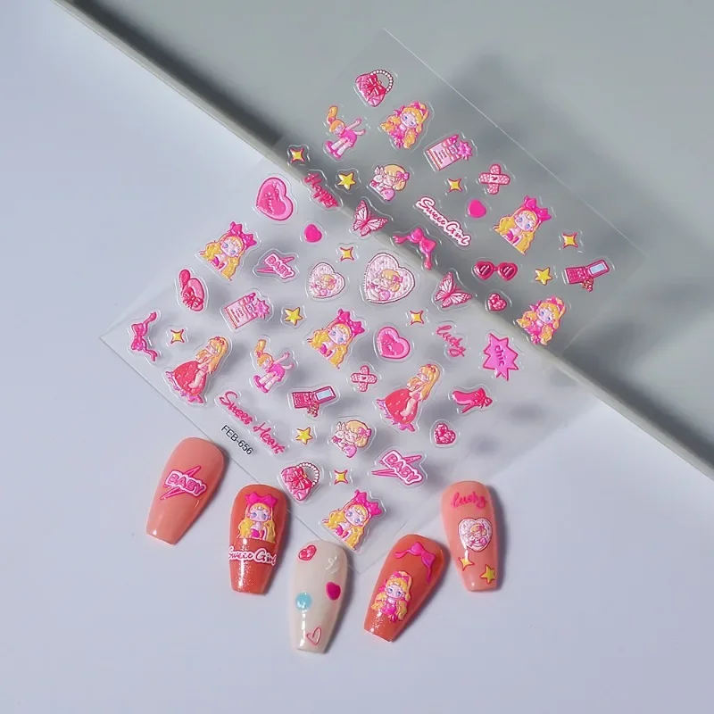 Y2k Kawaii Barbie 5d Nail Art Stickers Cartoon Girls Three-dimensional Relief Nails Water Cup Laptop Skateboard Diy Party Decor