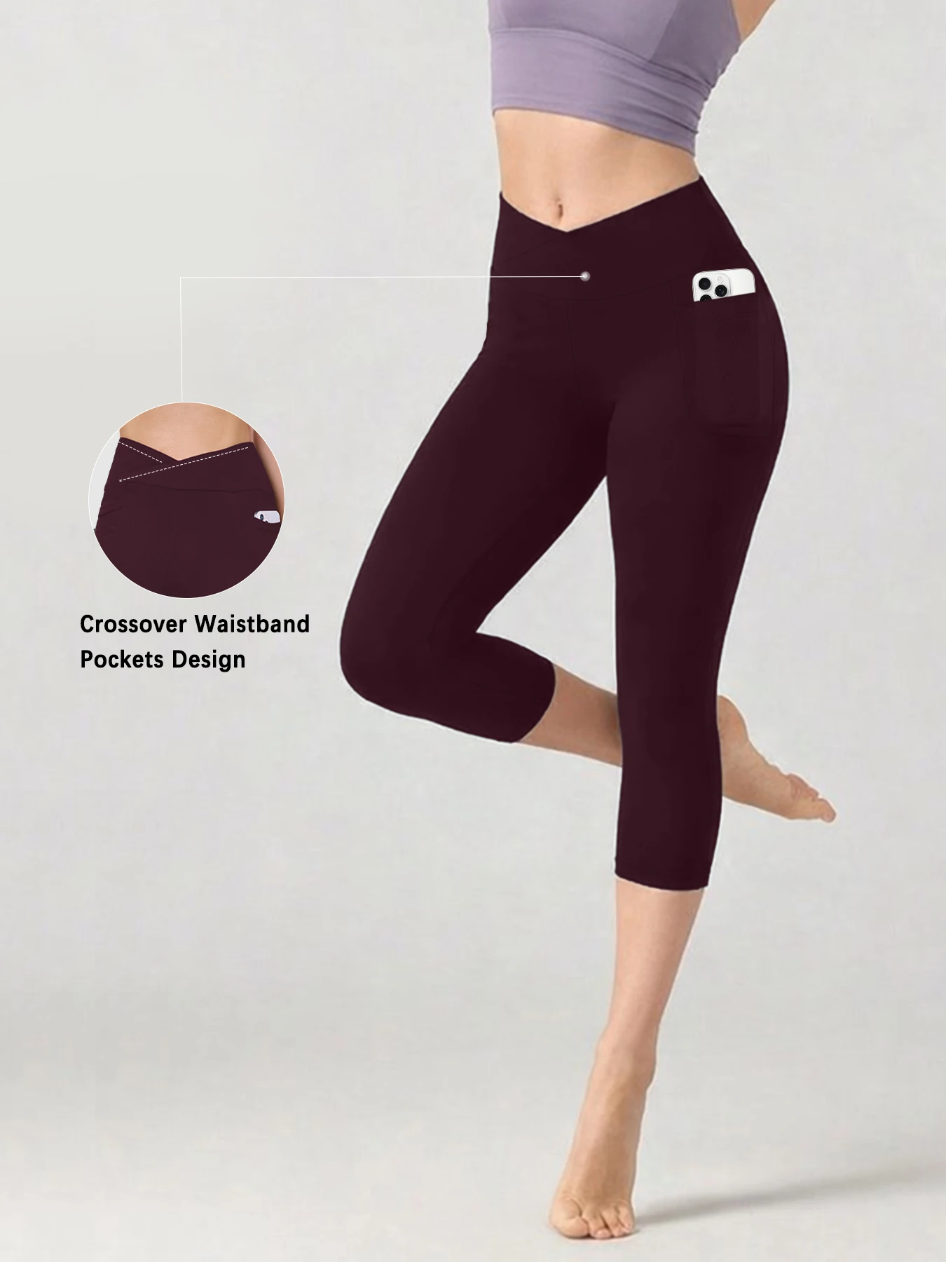 Women's Super Soft Crossover High Waisted Capri Pants With Pockets Tummy Control No See Through Workout Yoga Running Leggings