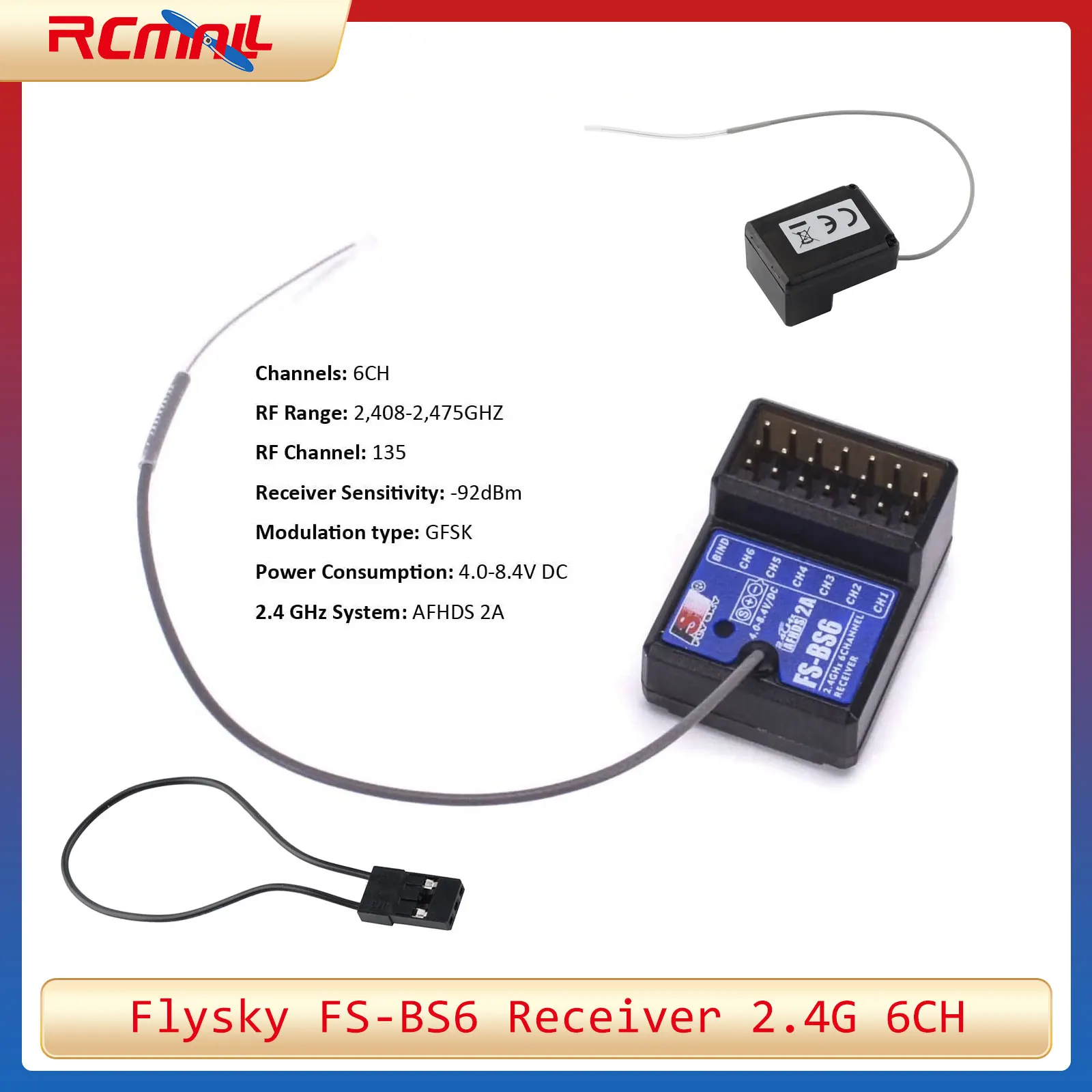 Flysky FS-BS6 Receiver 2.4G 6CH with Lipo Battery Strap for FS-GT5 FS-IT4S FS-I6S FS-I6 FS-I6X Transmitter RC Car Boat Airplane