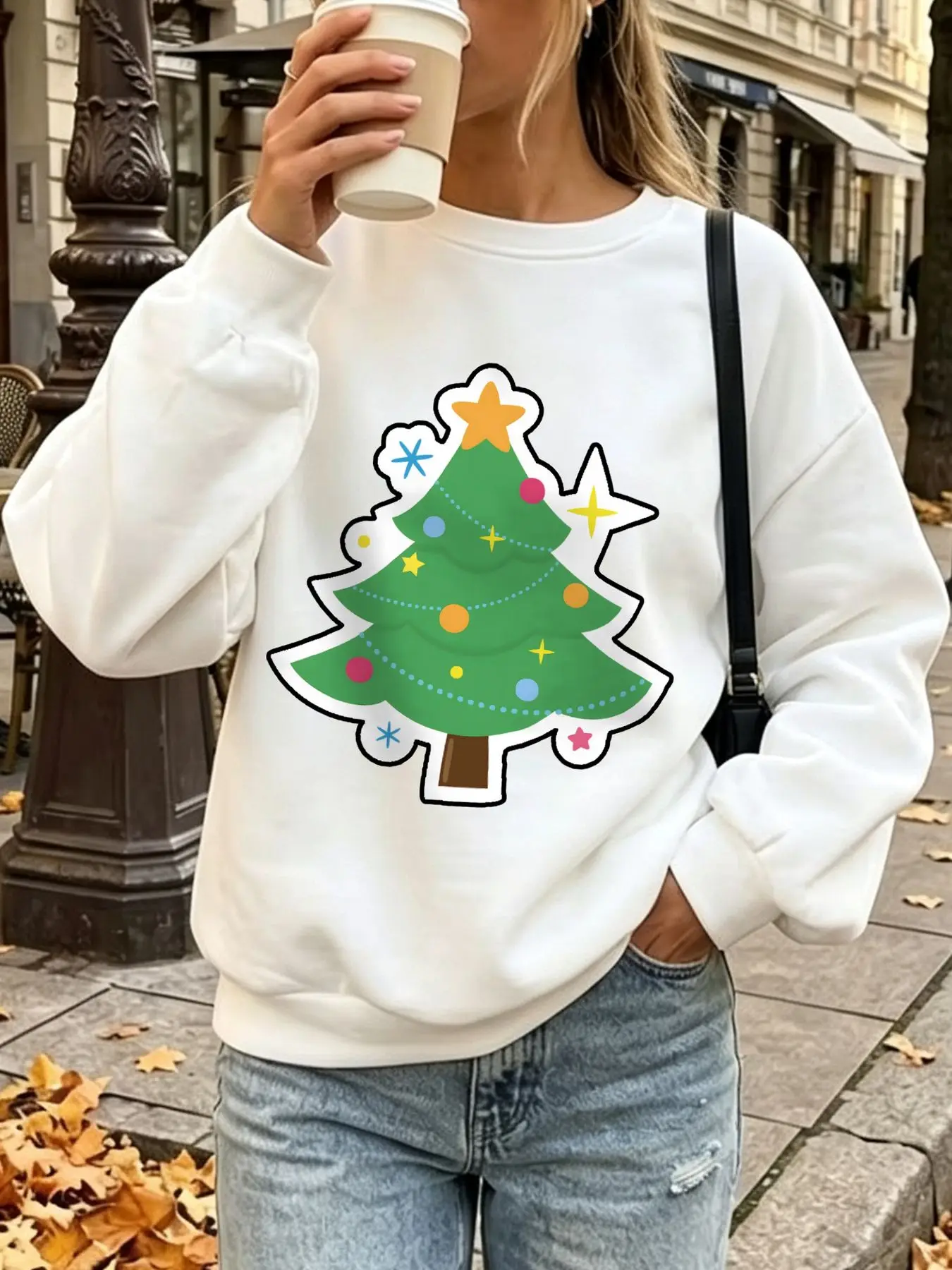 Women Cute Cartoon Christmas Tree Graphic Crewneck Sweatshirt Oversized Long Sleeve Fleece Pullover Colorful Star Bauble Print Winter Holiday Casual Streetwear Tops