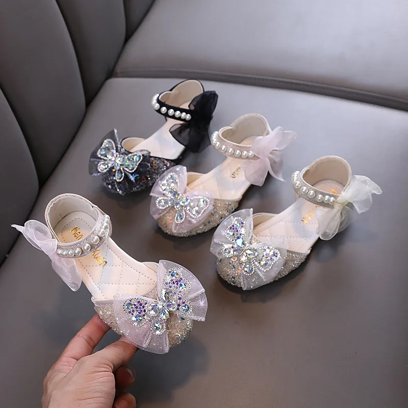 

Sweet Children's Flats Side Bowtie Summer Princess Shoes for Girls Fashion Rhinestone Butterfly Kids Sandal for Wedding Party