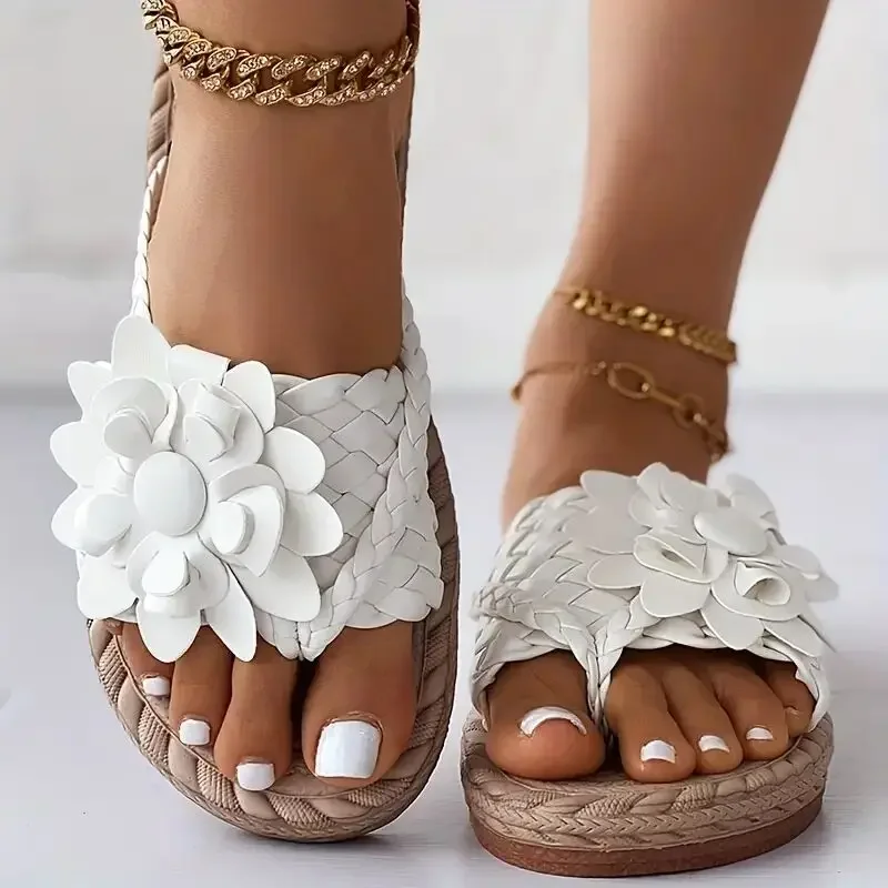 Women's Flower Flat Flip Flops Woman Sandals Ladies Slippers Boho Style Braided Band Open Toe Shoes, Casual Non Slip Slides