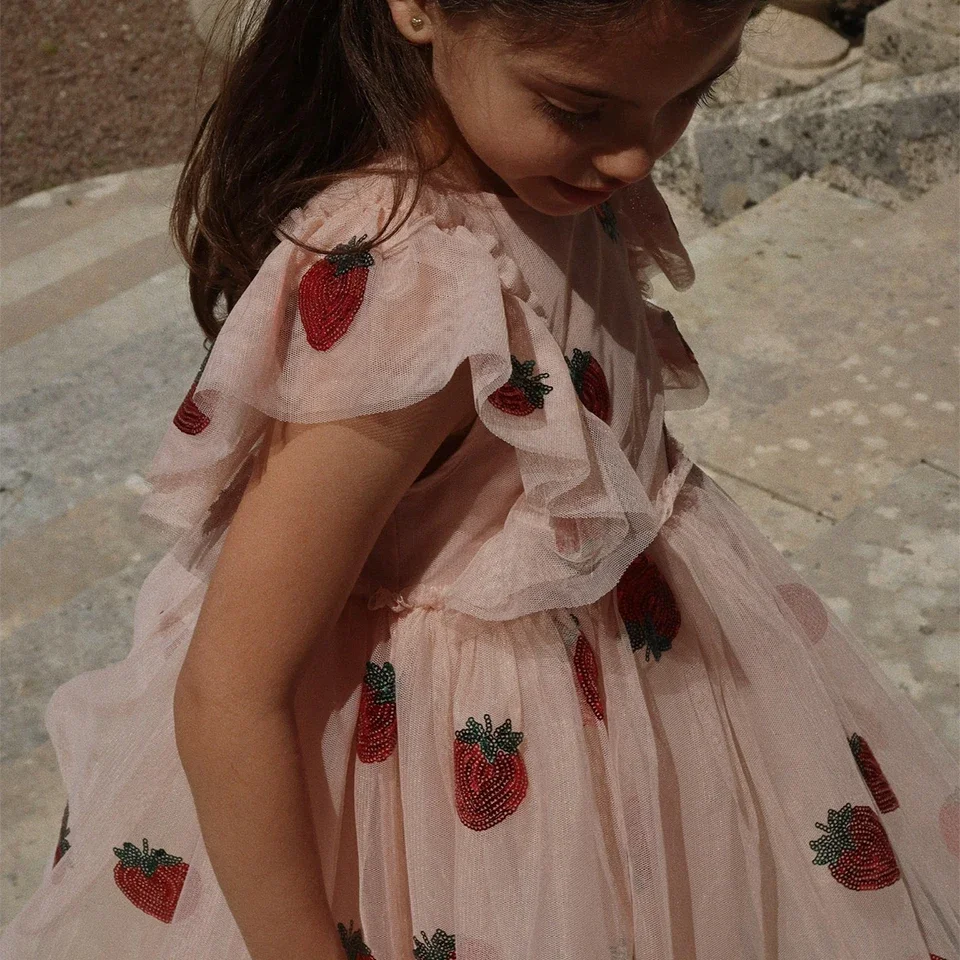 Girls Rainbow Mesh Princess Dresses New 2025 KS Girl Pretty Strawberry Sequin Dress Baby Cute Carnival Vestidos Kids Party Dress