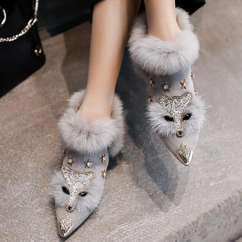 Botki damskie Crystal Fox Head Botki damskie Zimowa moda Metal Spiczasty palec Puszysty pluszowy wysoki obcas Damskie buty ślubne