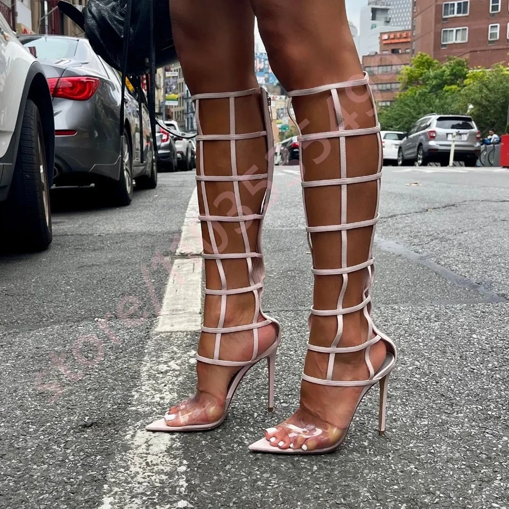 

Black Clear Pvc Hollow Open Toe Knee-High Stiletto Sexy Ladies Catwalk Boots Fashion Casual Party Roman Sandals Summer 2026