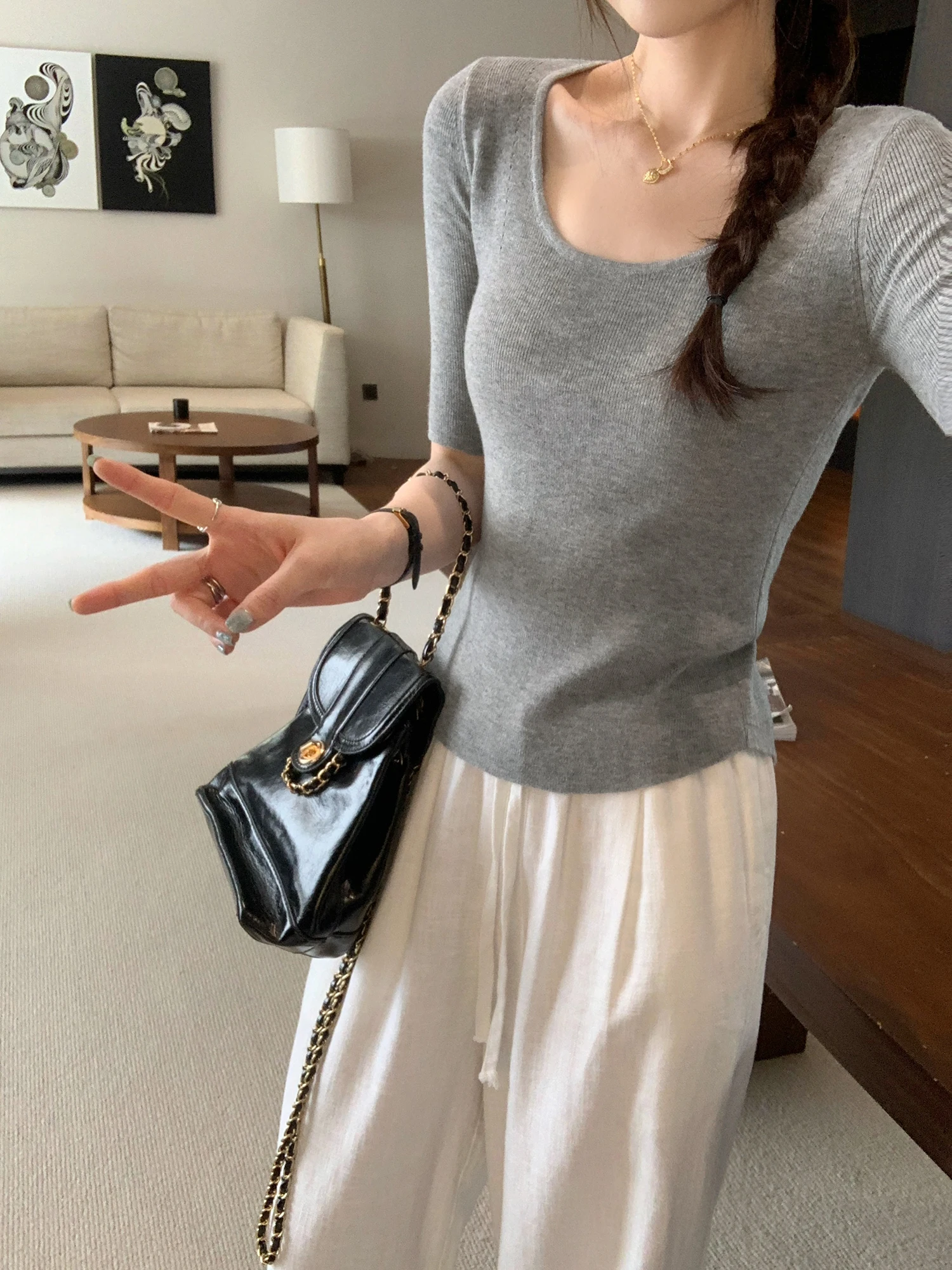 

Gray Mid-Sleeve U-Neck Knitted Sweater Women's Inner Wear Simple Style Slim Fit Nylon Fabric Autumn New Arrival