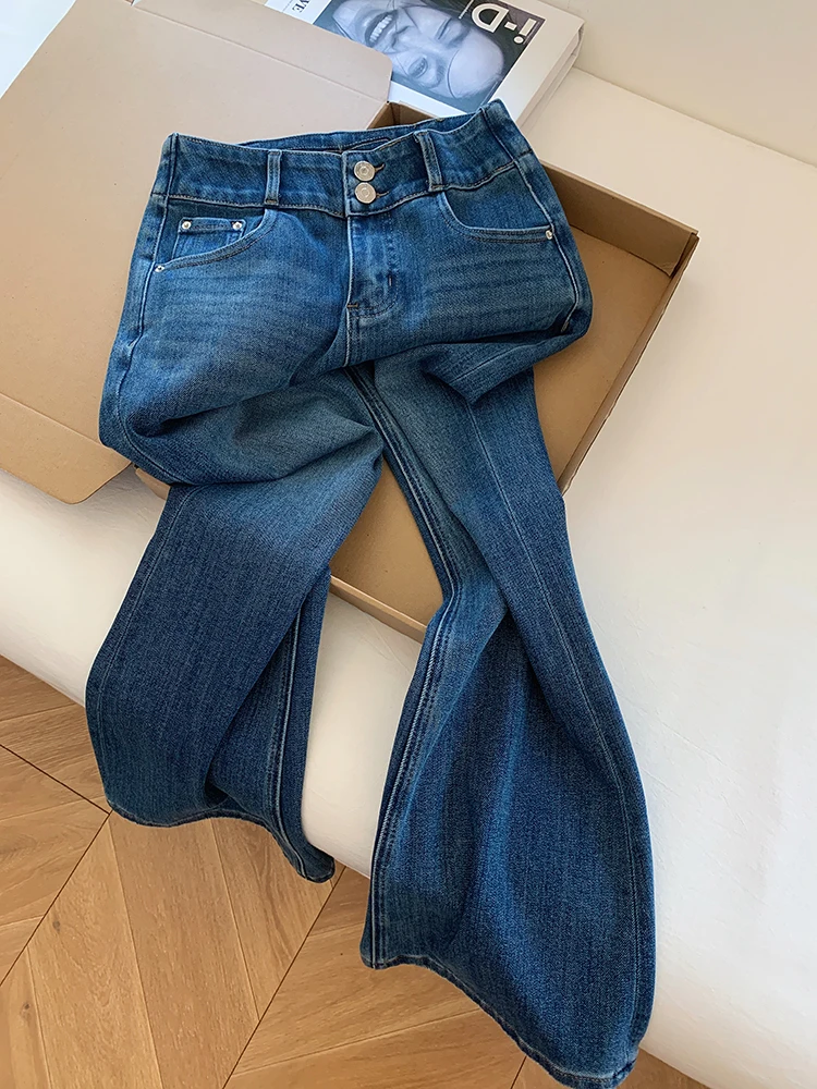 

Американские синие брюки-клеш с бантом в стиле ретро для женщин, повседневные облегающие джинсовые брюки с высокой талией, осенние модные новые женские джинсовые брюки