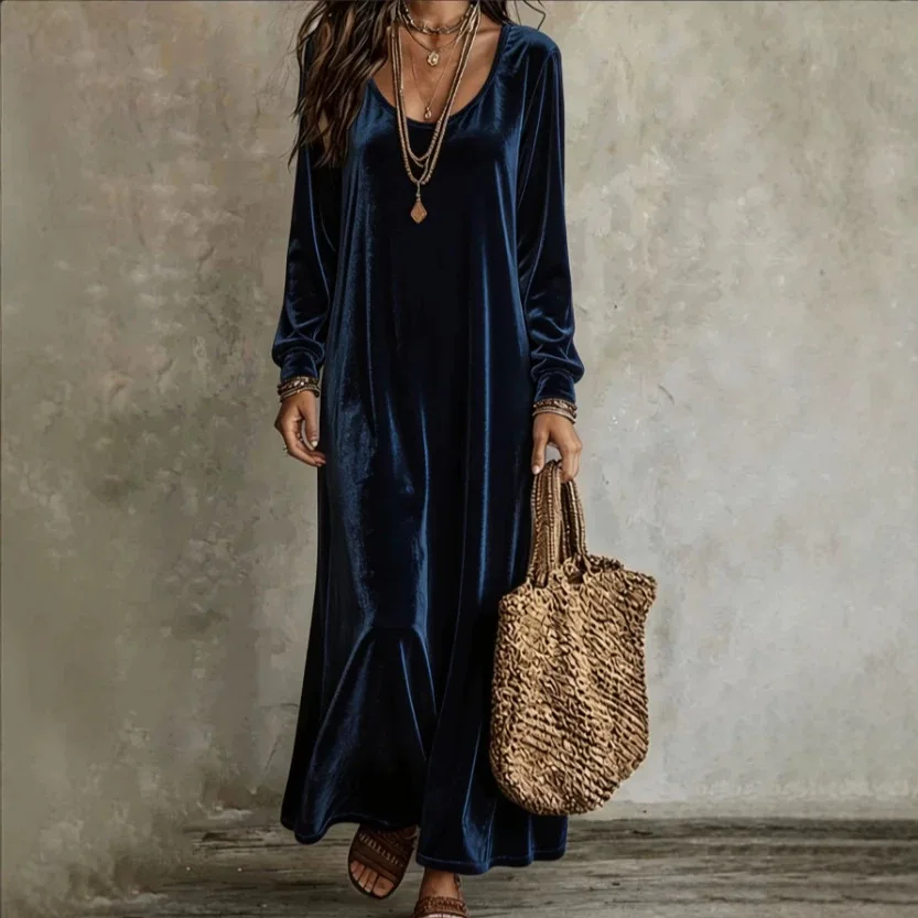 Spring Women's Velvet Long Maxi Dress Long Sleeve O Neck Relaxed Fit Casual Loose Full Length Dress Fall Bohemian Daily Outfit