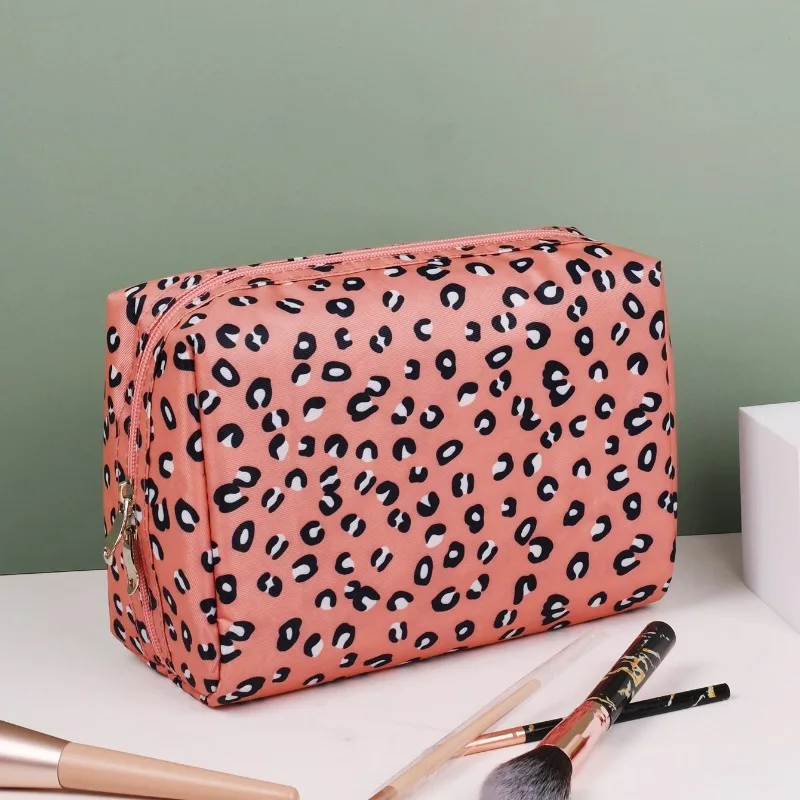 Large Leopard Print Waterproof Cosmetic Bag for Organized Storage Makeup Pouch Pink with Multiple Compartments