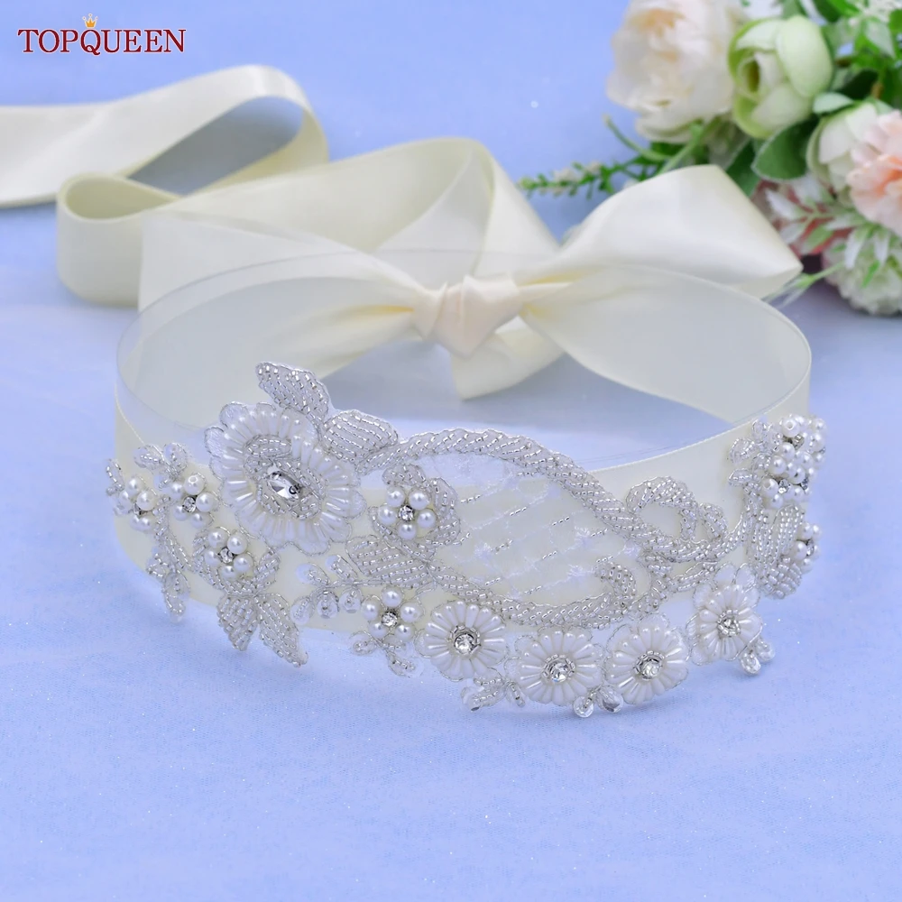 TOPQUEEN Women\'s Lace Handmade White Pearl Applique Belt Prom Party Dress Wedding Belt Woman Flowers Belt For Dress S91