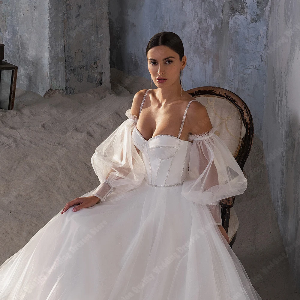 Vestidos de casamento luxuosos princesa marfim para mulheres, fora do ombro, vestidos de noiva brancos brilhantes, flor de renda, vestido a linha 2024