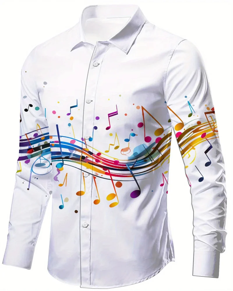Men's Button Long Sleeve Shirt Brand New Vintage Fashion Casual Collar And 3D Notes Printed Top Spring Autumn