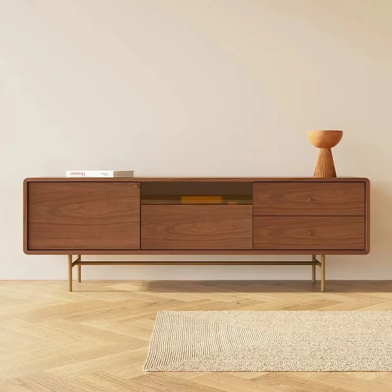 Walnut TV cabinet with support legs modern, solid wood coffee table combination