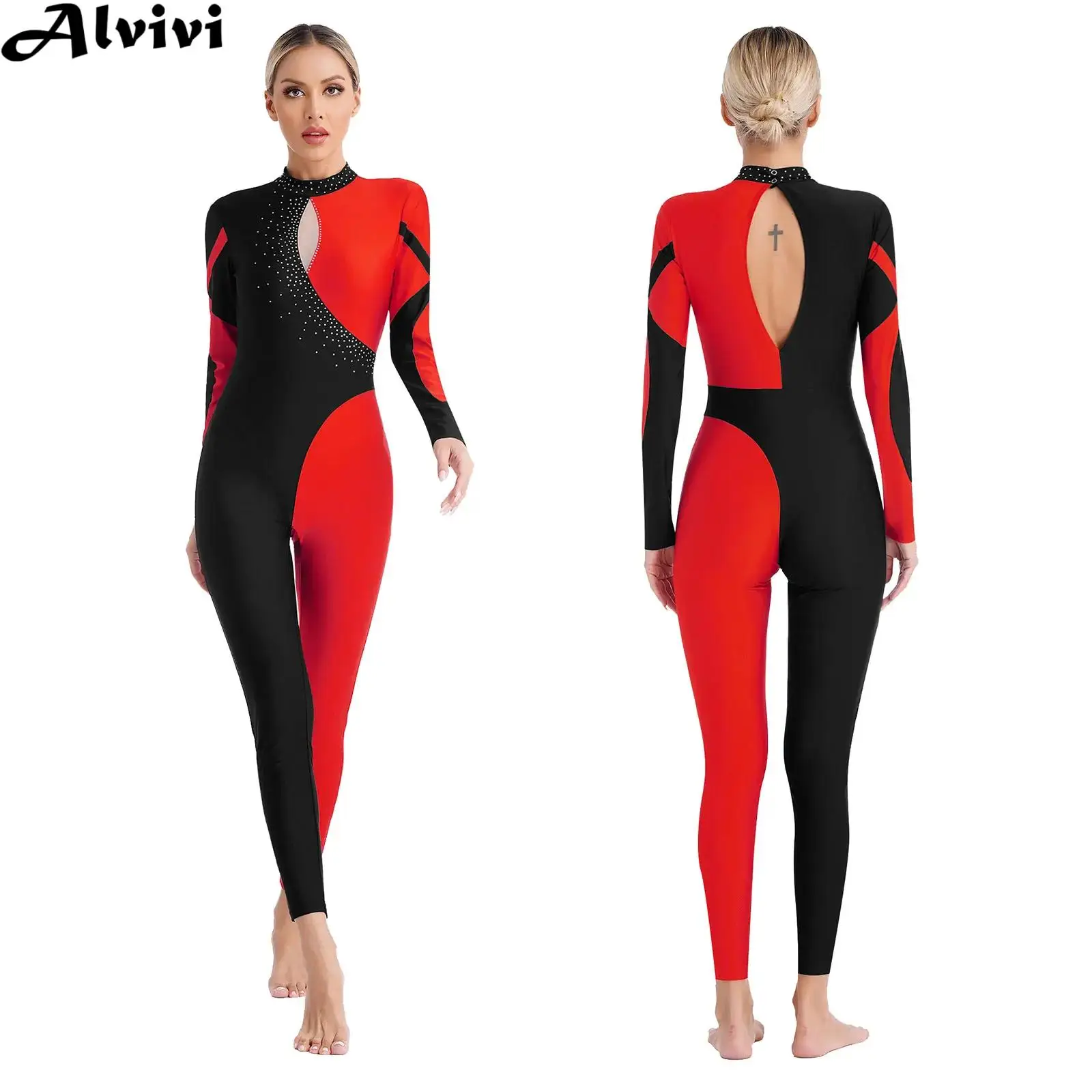 Women  Ballet Gymnastics Leotard Long Sleeve shiny Rhinestone Dance jumpsuit Figure Skating Acrobatics Yoga Performance Bodysuit