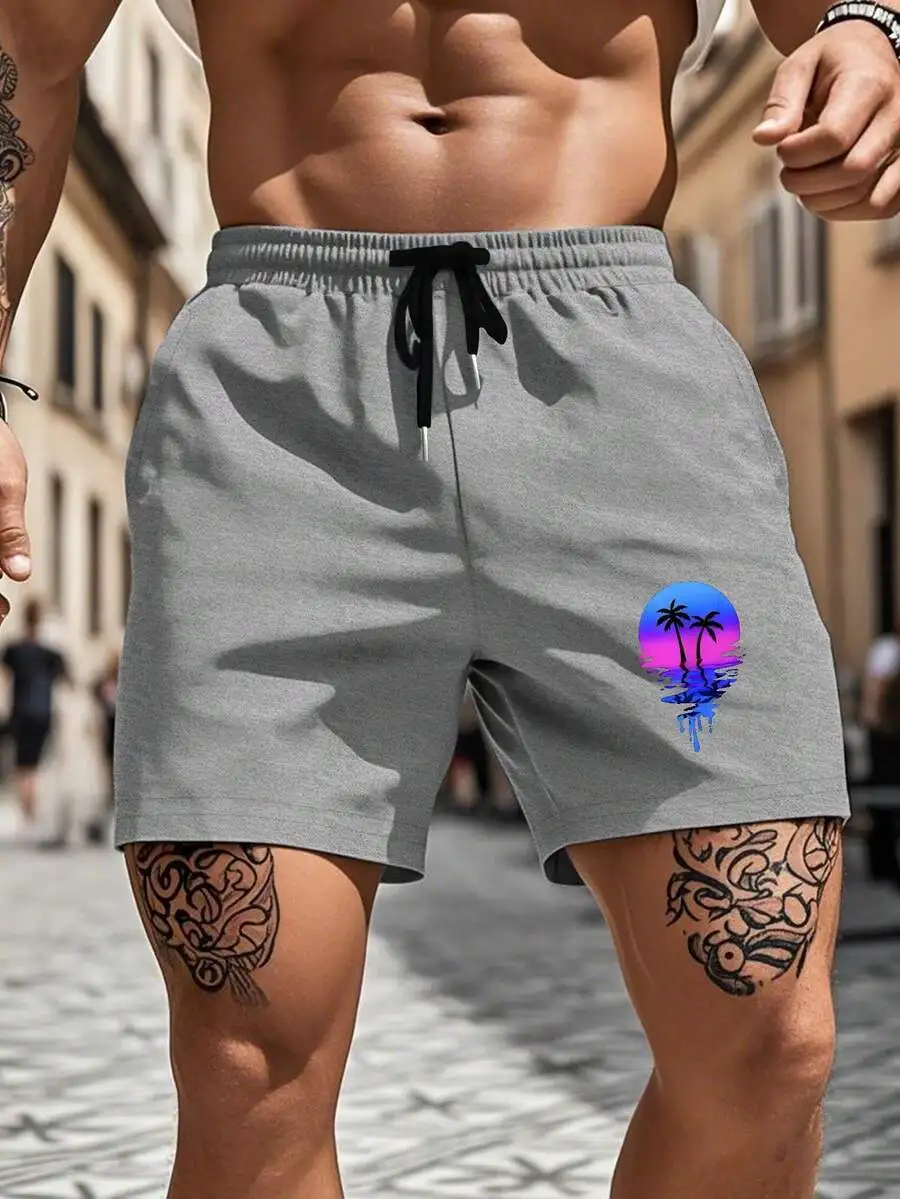 Mens Gray Drawstring Shorts Featuring Psychedelic Palm Tree Sunset Art, Ideal For Casual Wear, Beach, Street Style And Daily Use