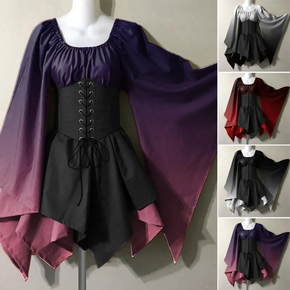 

Lady Retro Dress Gradient Color Matching Vintage Bat Sleeves Performance Stage Show Dress for Women Halloween Cosplay