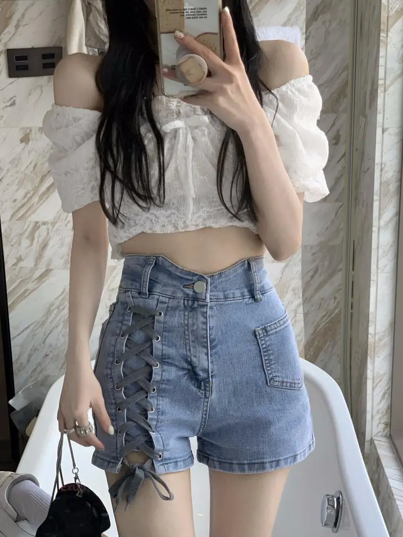 Korea Niche Elastic Jeans Female Ins Trendy Hot Girl Straight Shorts Summer High Waist Wide Leg Slim Denim Shorts