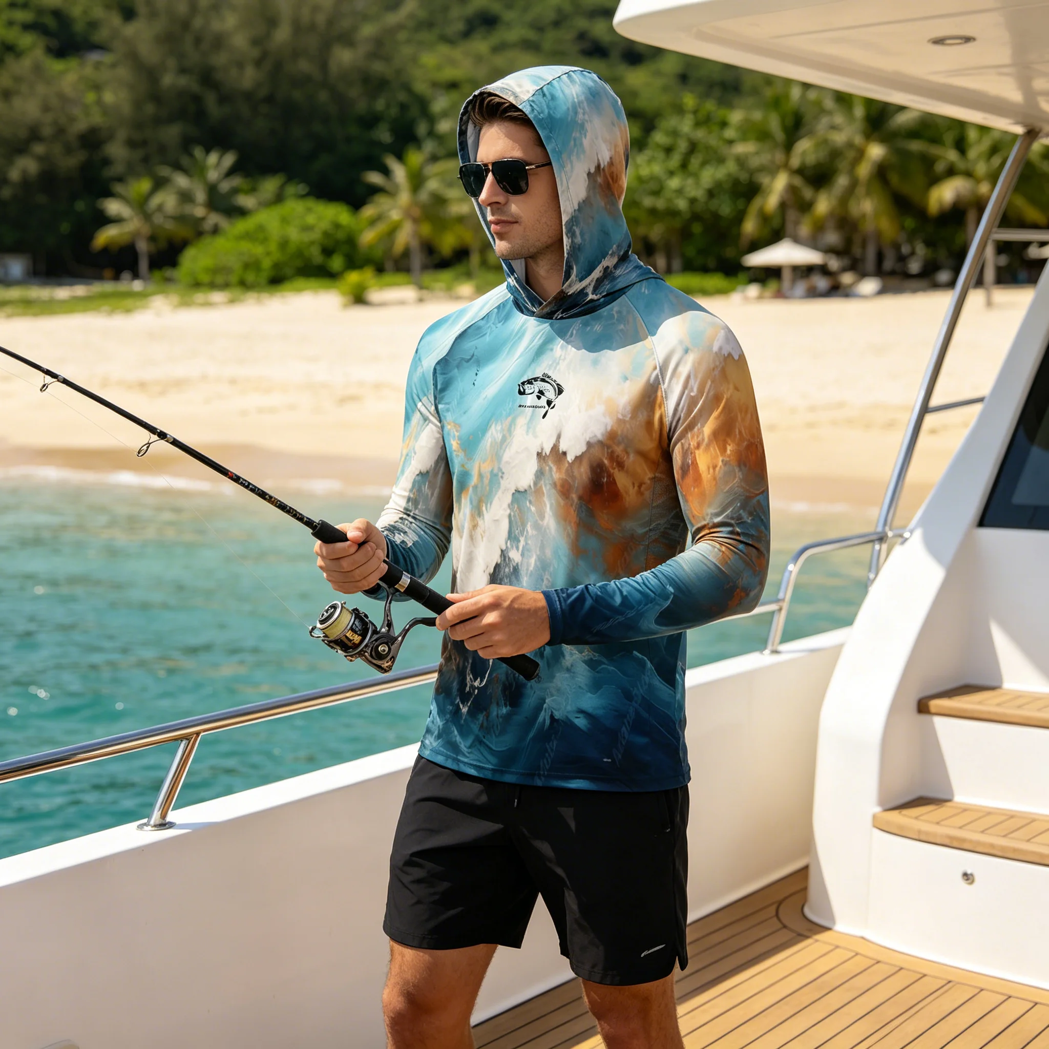 Fish Shirts Men UPF50 Sun Protection Fishing Hoodies Quick Dry Long Sleeve Hooded Tie Dye Print Outdoor Anti UV Performance Tops