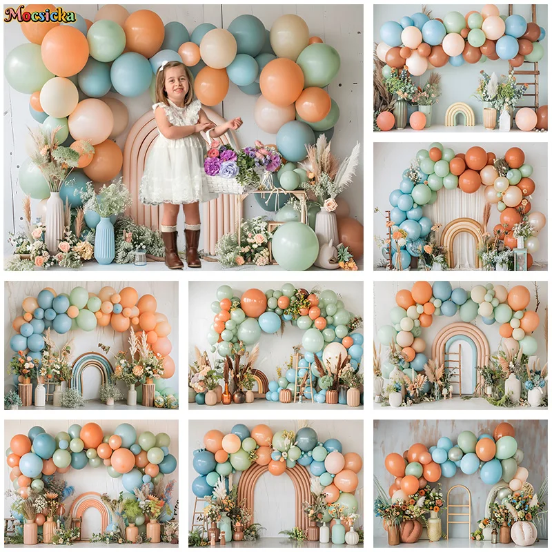 

Mocsicka Photography Backdrop Happy Birthday Party Balloon Floral Broken Wall Background Kid Portrait Photo Banner Studio Prop