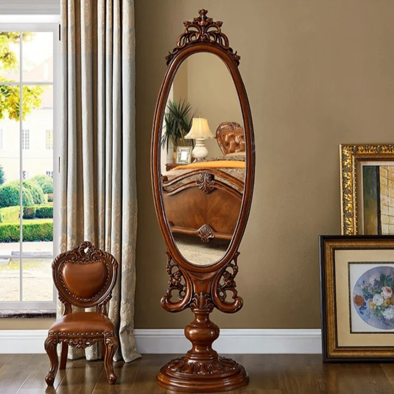 American full-length mirror full solid wood living room European carved floor mirror bedroom full-body fitting mirror high-end