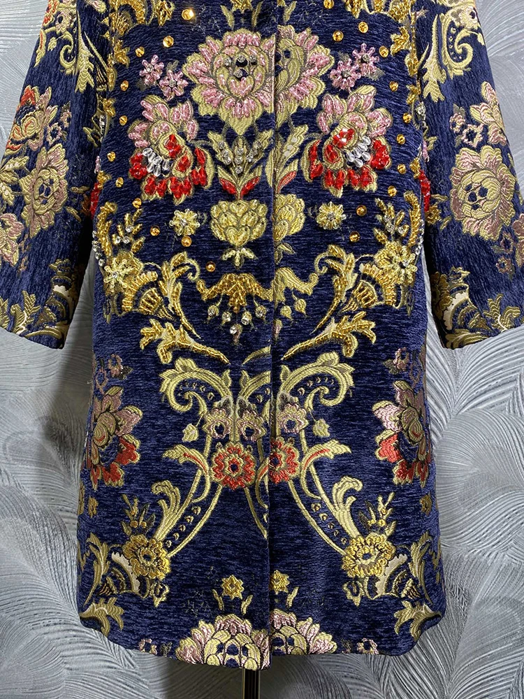 DLDENGHAN-abrigo Jacquard con cuentas de diamantes para mujer, cuello redondo, manga larga, botón oculto, ropa de abrigo Indie Folk, otoño