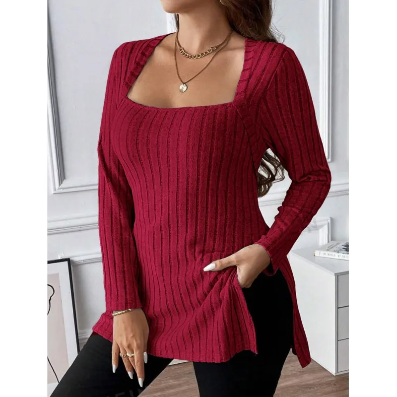 

Spring Women's Fashion Solid Color Sweater Ladies Square Neck Casual Top Knitted Long Sleeved Tops V-neck Pullover Sweater