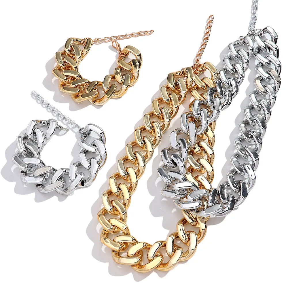 

New Gold Color Acrylic Cuban Chain Necklaces Bracelet Set for Women Man Exaggerated Punk CCB Link Choker Fashion Jewelry Gifts
