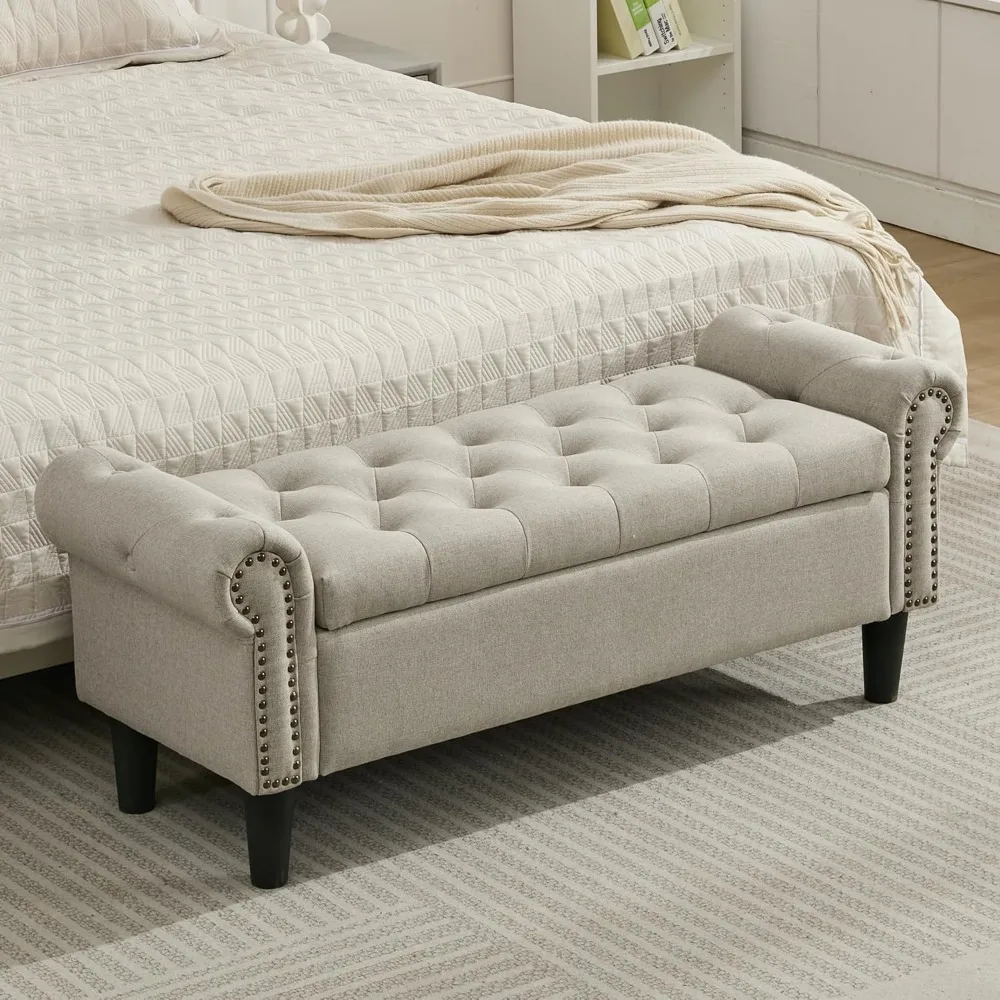 Banco de almacenamiento, banco Queen End of Bed, banco de dormitorio tapizado con botones capitonés de lino, otomano de almacenamiento con brazos enrollados