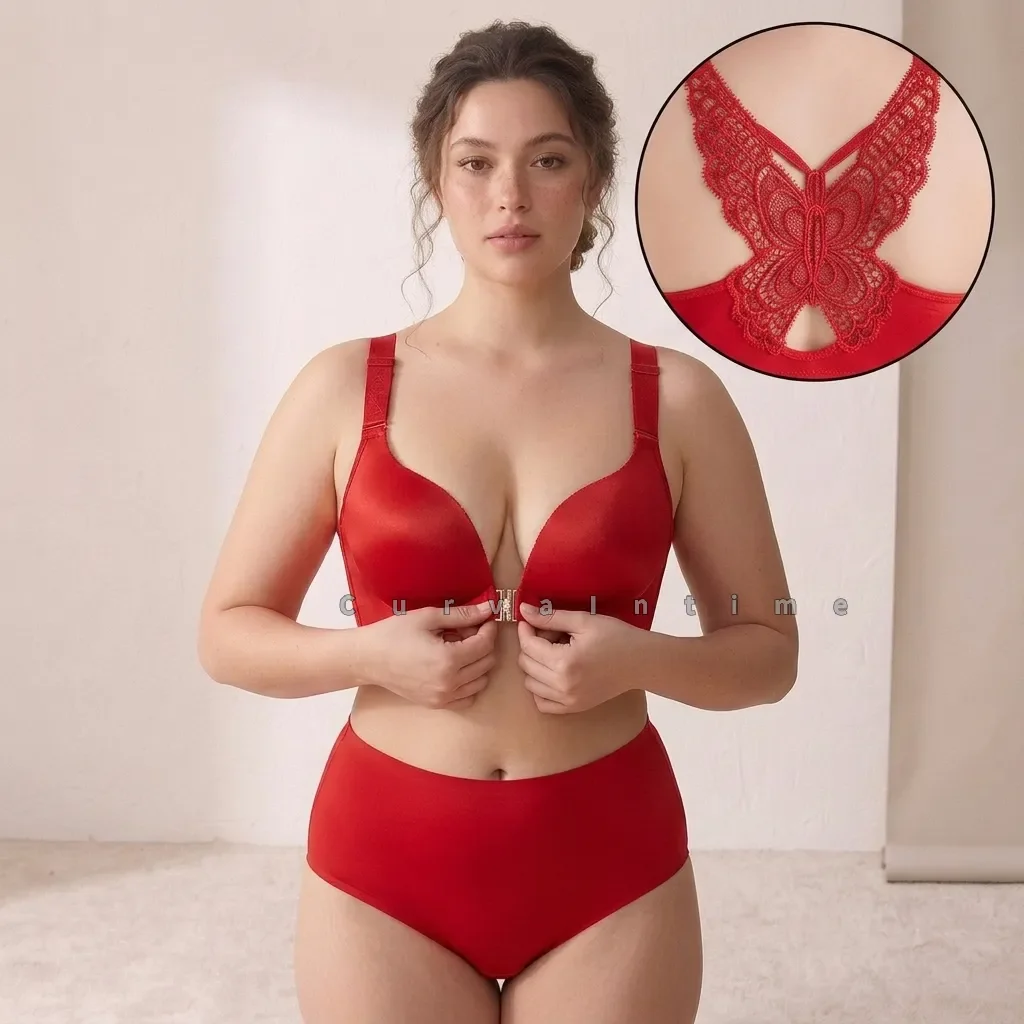 Wireless Front Closure Bra Set For Women Butterfly Lace Back Push Up Comfort Wide Strap Matching Panties Lingerie 2Pcs C D E Cup