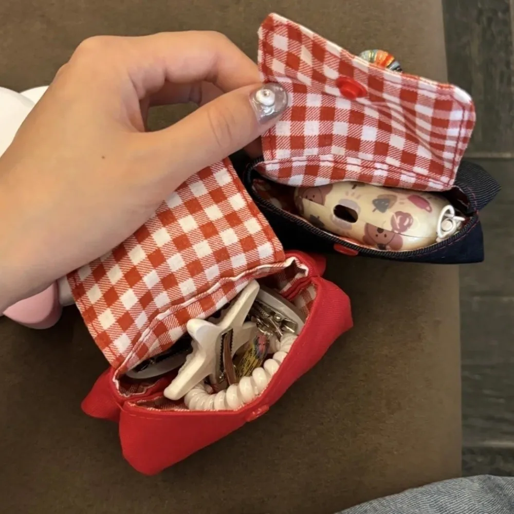 

Portable Canvas Plaid Storage Bag Zipper Korean Style Earphone Bag Keychain Hanging Ethnic Style Coin Purse Girl