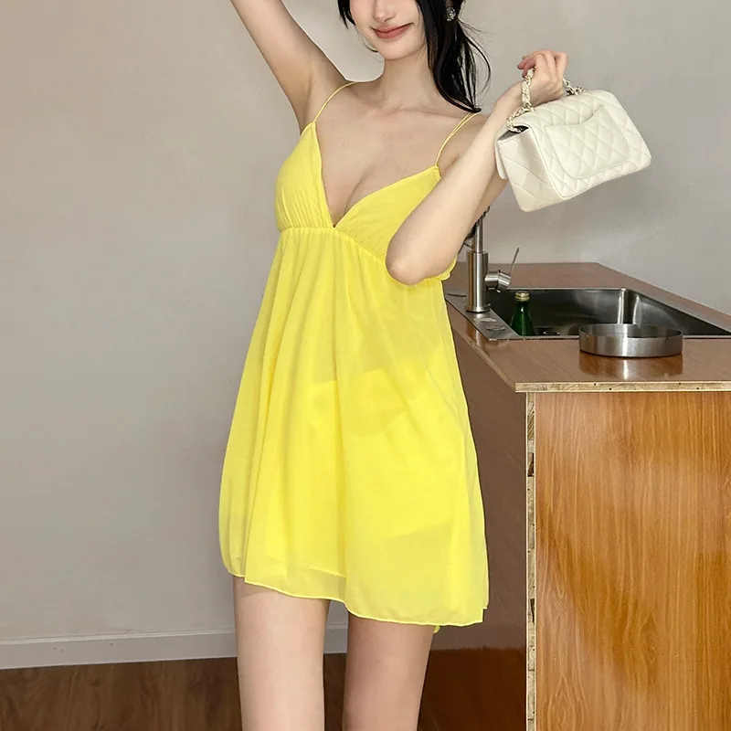 

2026 Summer New Vacation Style Simple Beach Fold Deep V Solid Color Strap Dress for Women