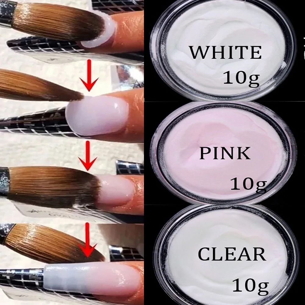 10g Pink/White/Clear Polymer Acrylic Powder 3-Colors Carving/Dipping/Extension Crystal Powder 3IN1Nude Pink Manicure Dust