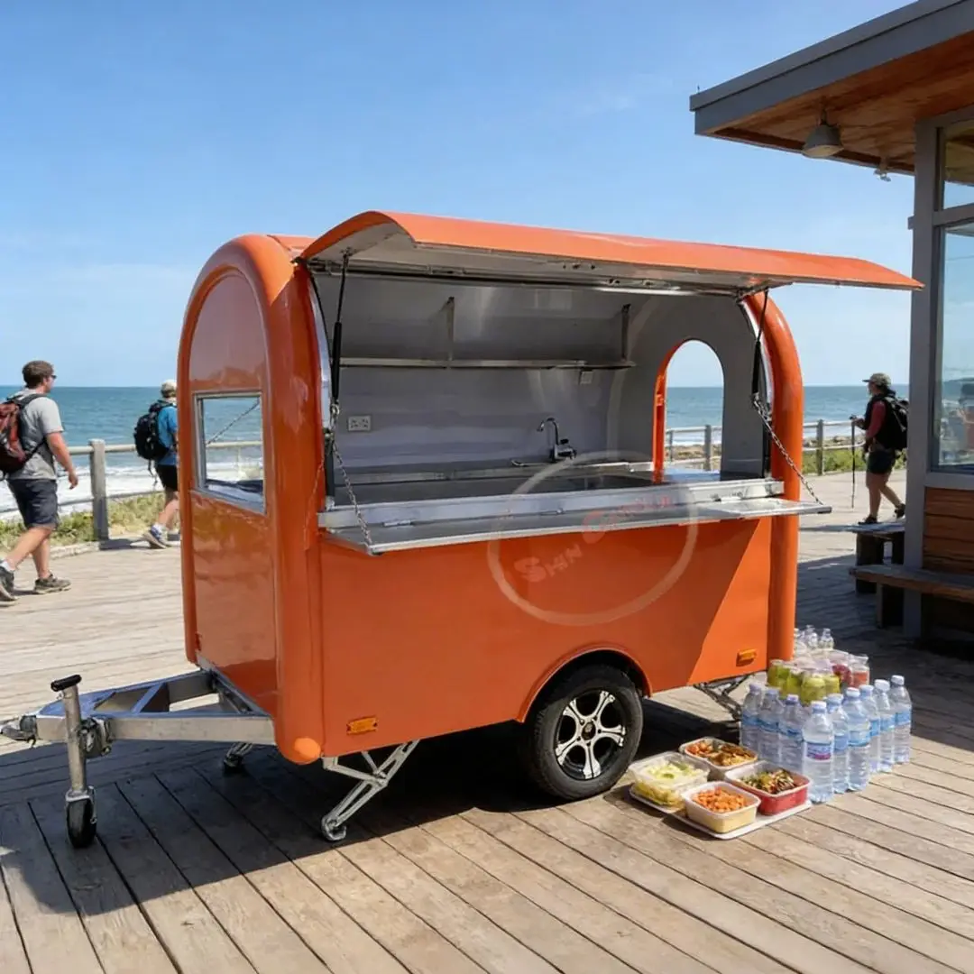 Orange Fiberglass Mobile Food Trailer Commercial Kitchen Cart for Street Vendor Business Easy to Transport And Set up