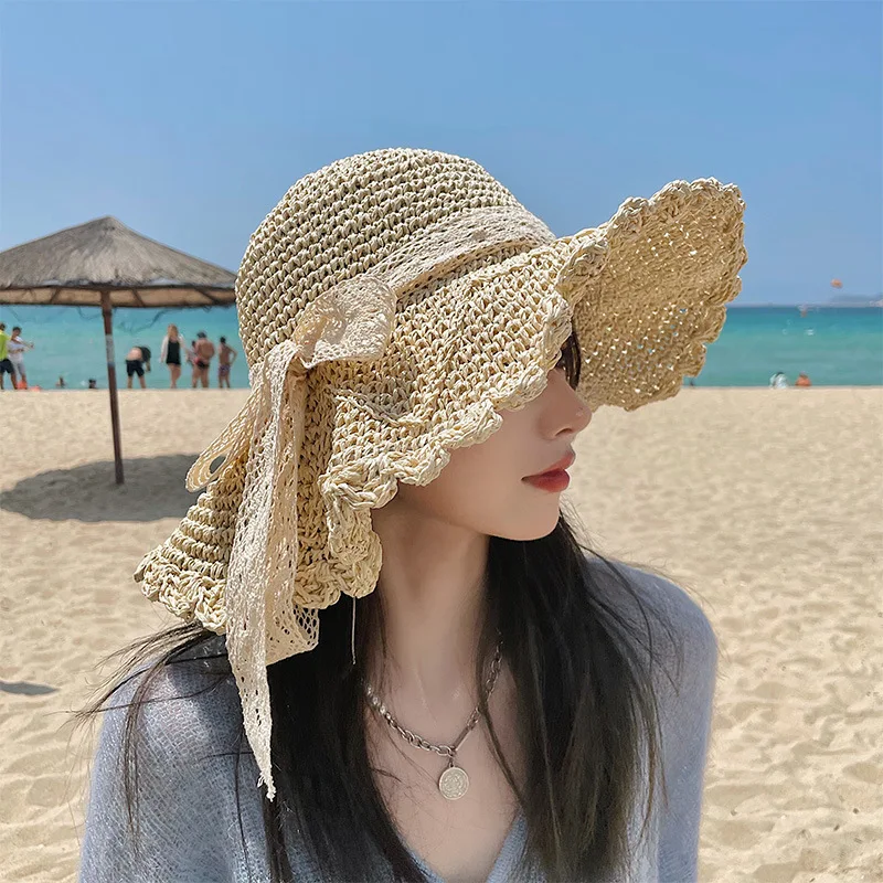 1pc Women's Wide-Brimmed Straw Hat,Fashionable and Portable Sun Hat for Spring and Summer Seasons,Perfect for Beach Vacations