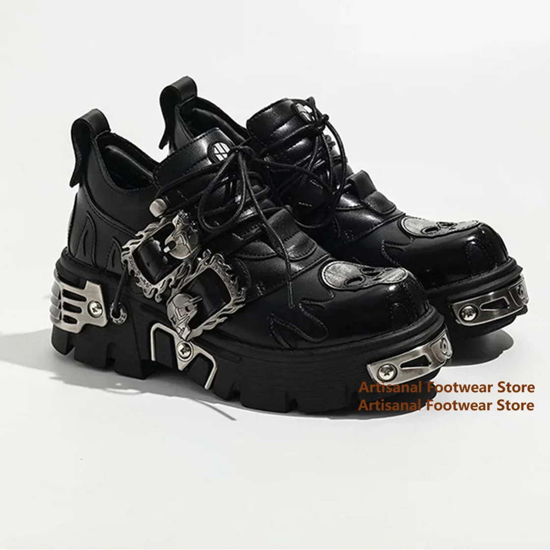 Gothic Skull Metal Buckle Platform Shoes Lace-Up Chunky Sole Punk Rivet Decor Y2K Fashion Sneakers ﻿Trendy Men's Shoes