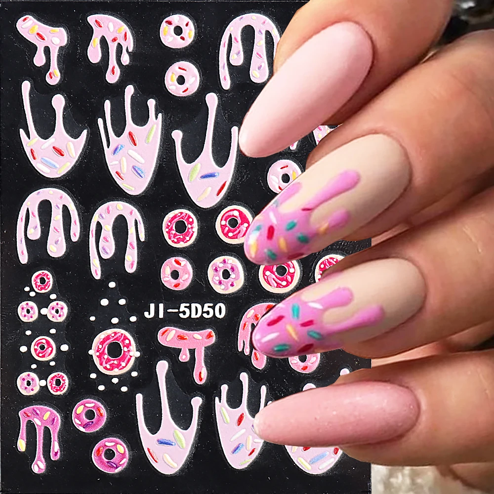 5d rosa Donuts geprägt Nagel Aufkleber bunte Cartoon Eis Kuchen Schokolade Dessert Nail Art Aufkleber Maniküre Dekor LEBJI-5D50