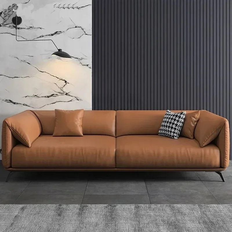 Italian minimalist leather sofa first layer cowhide light luxury living room corner straight row three or fourpeople combina
