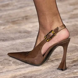 New Pointed Toe Toe Cap, Air Tight Heel, Super High Heels, Patent Leather Needle Buckle, Sexy Plus Size Hollow Sandals for Women