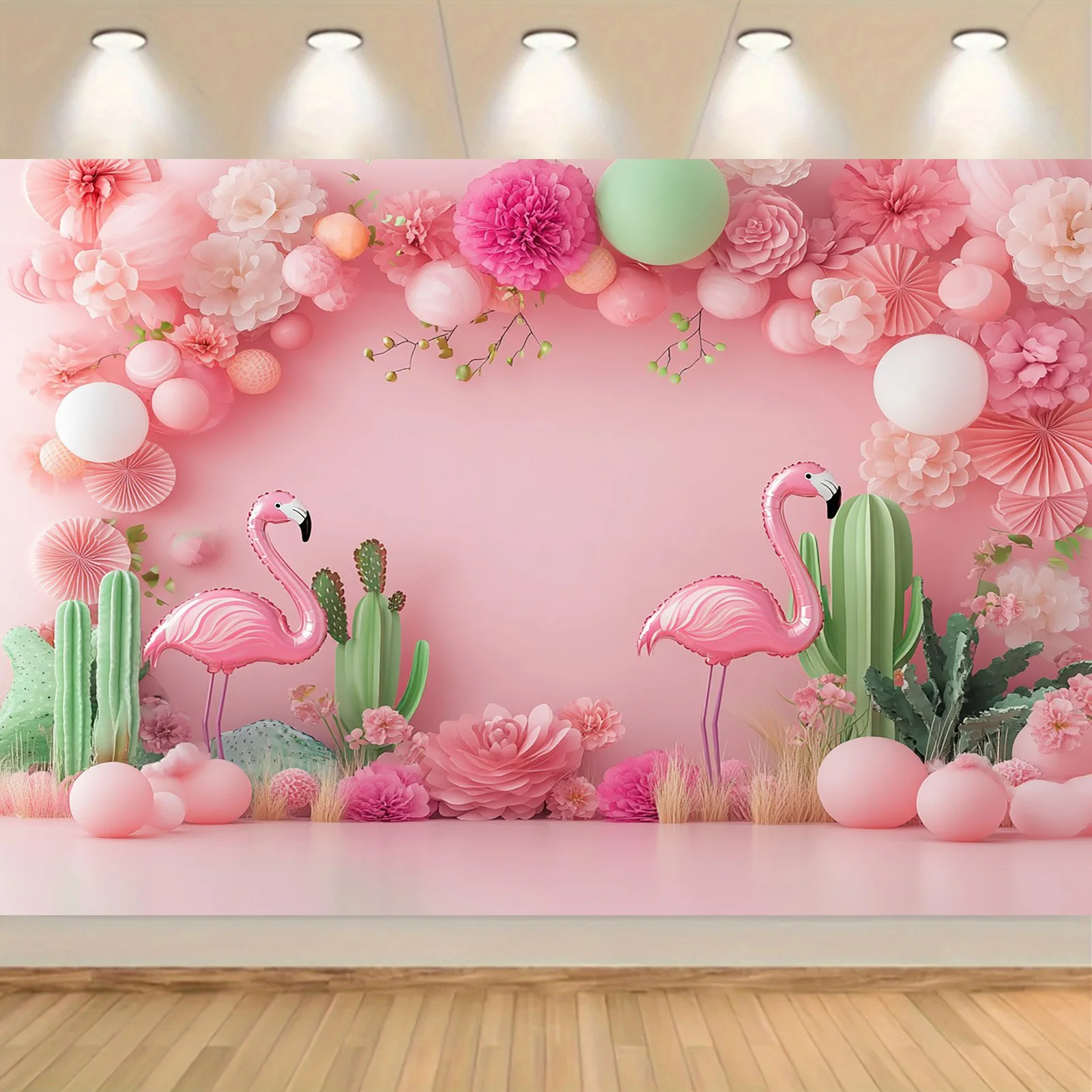 Hintergrundstoff aus Polyestermaterial mit rosa Flamingos und Kakteen, geeignet für Wohnzimmer, Büros und Geburtstagsfeiern.