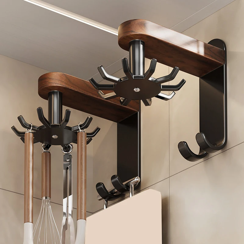 

Kitchen Rotary Hook Wall Mounted Corner Storage Shelf Rack Walnut Wooden Spoon Shovel Storage Hanger
